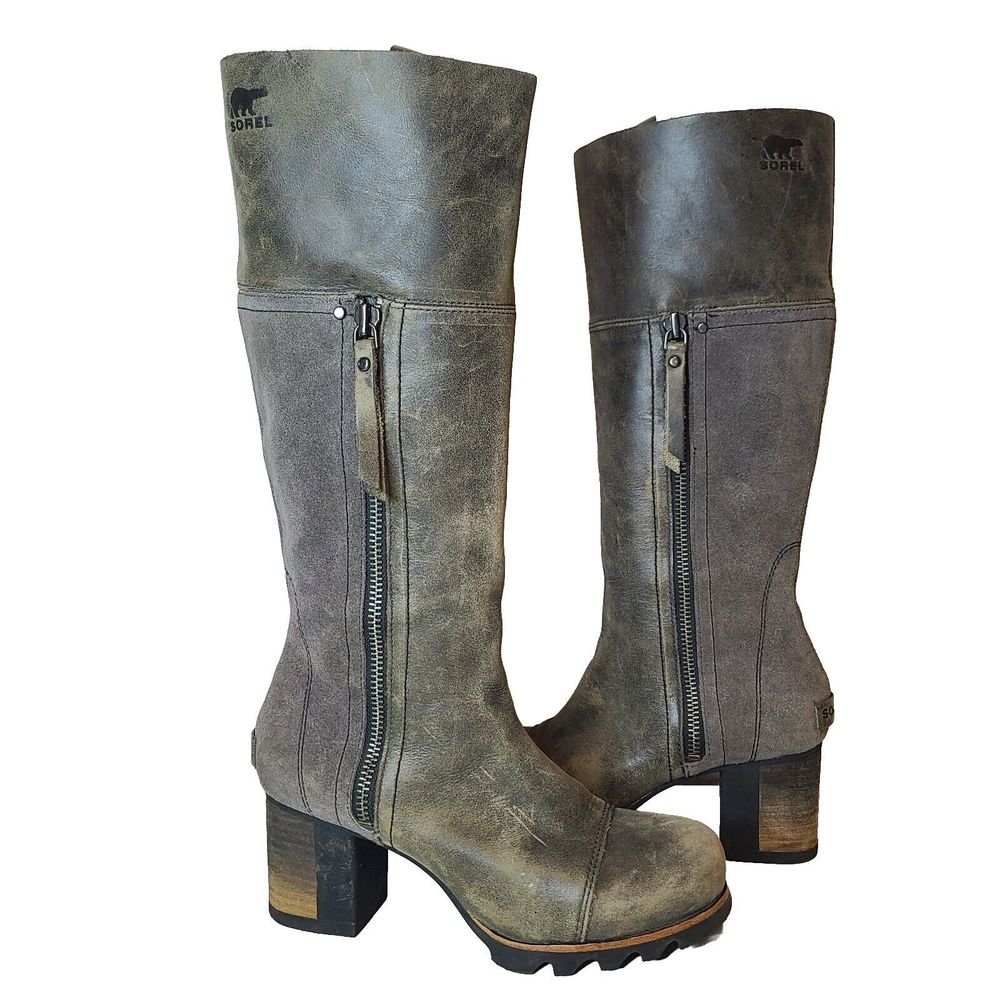 Sorel Women Boots NL2301 Addington Distressed Taupe Gray Leather Tall Heel Sz 7